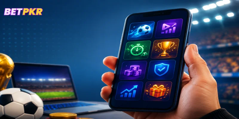 A close-up of a mobile interface displaying the BETPKR App Features Review on a sleek smartphone screen.