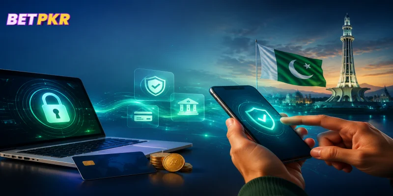 A graphic showing safe transactional gateways and security protocols for online gaming in Pakistan.