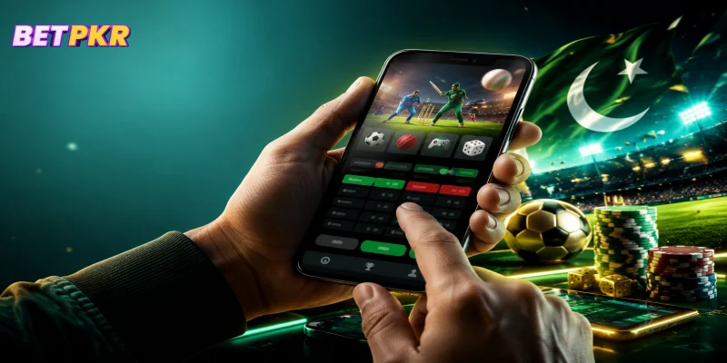 A mobile phone displaying the BETPKR Gaming Experience Pakistan interface with local payment options.