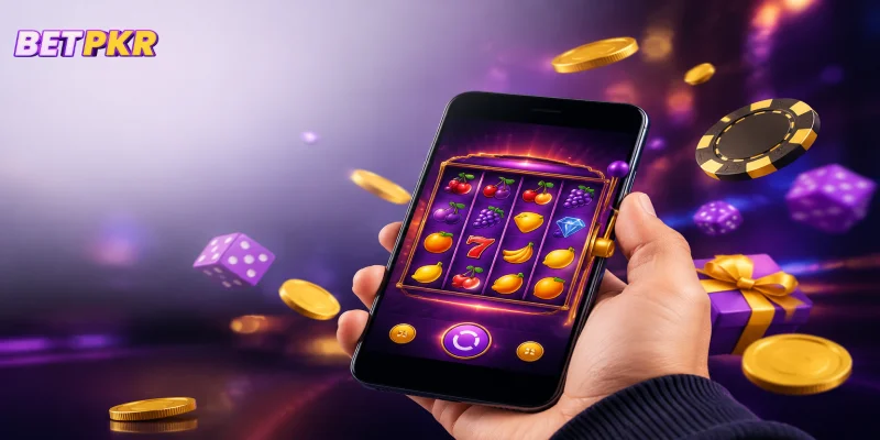 A smartphone screen displaying a vibrant mobile slot game interface with clean navigation buttons.