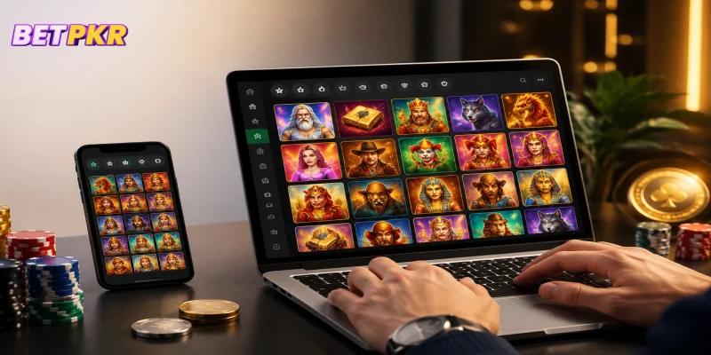A user interface demonstration of the online casino slot selection on a mobile device screen.